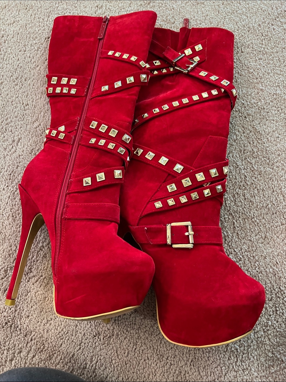 Alba Red Suede Studded Platform Stiletto Boots